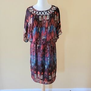 Ronni Nicole Watercolor Blouson Lattice Neck Dress Sz 8